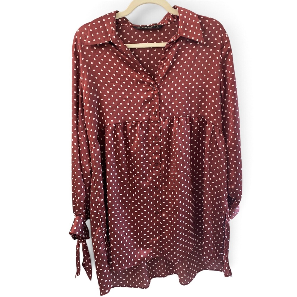 Zara Basic Polka Dot Empire Waist Tunic Blouse Burgundy Brown Tie Cuff Medium